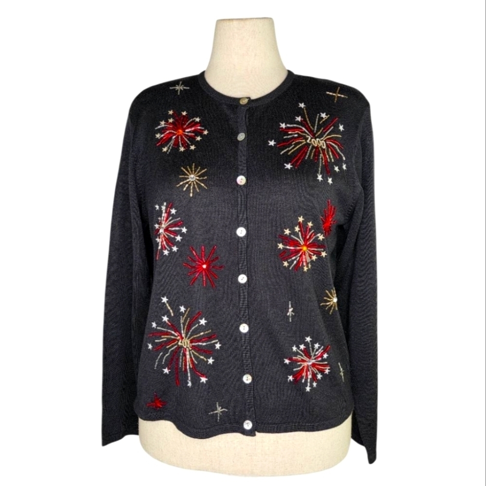 Vintage Karen Scott Fireworks Beaded Cardigan Sweater Y2K 2000 Black L